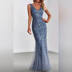New Glam Floral Leaf Sequin Mesh Maxi Mermaid Gown Dress Dusty Blue